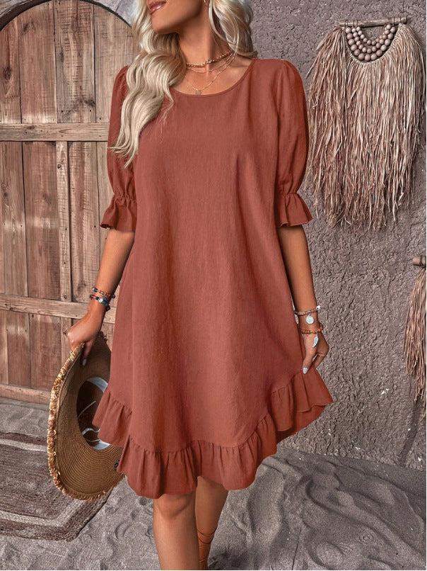 Spring and Summer women's retro cotton and linen mid-sleeve round neck solid color loose swing dress