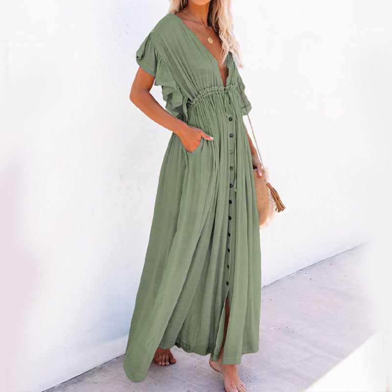 new solid color beach cover-up long skirt sun protection shirt Hawaii seaside vacation