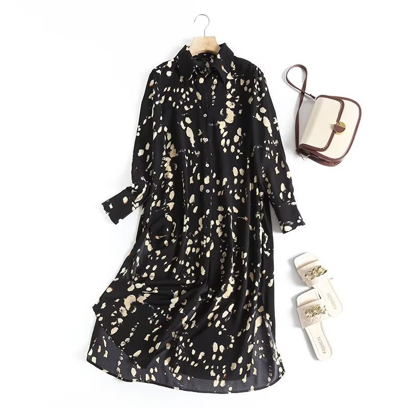 autumn new style new slim fit black and white printed design long long-sleeved dress