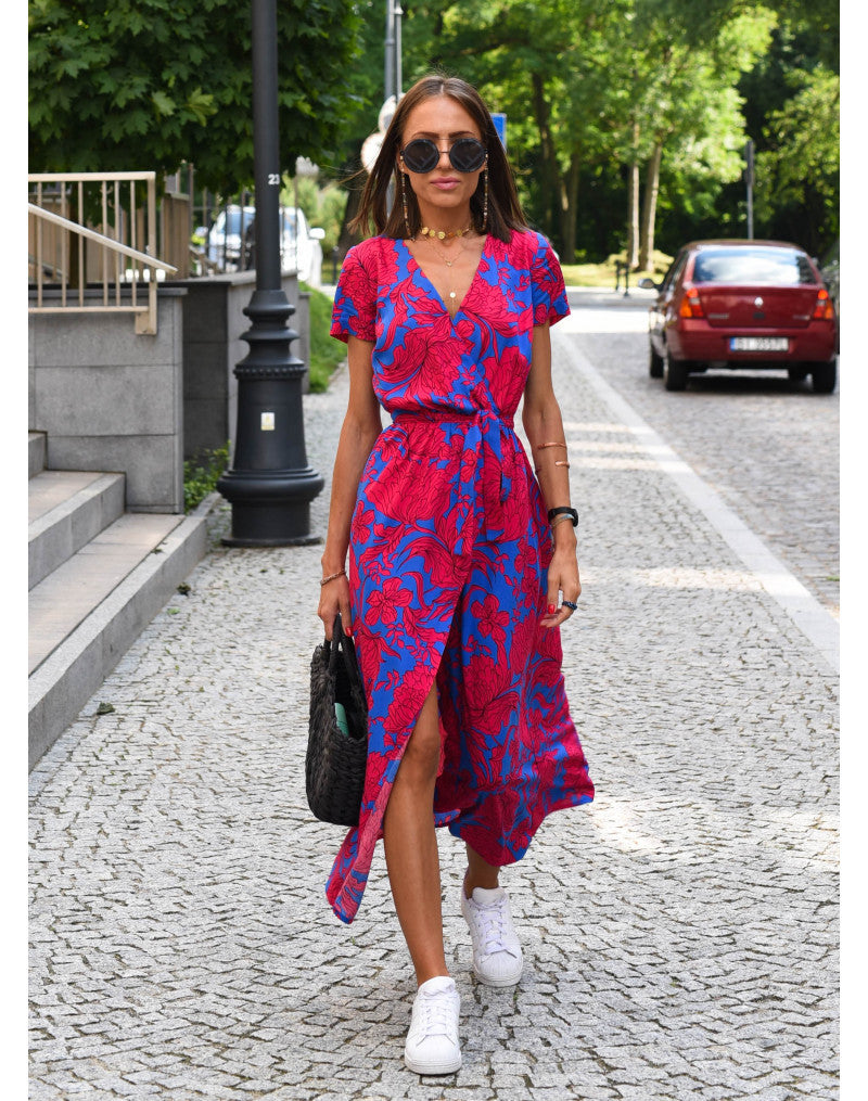 women's summer new v-neck print tie dress