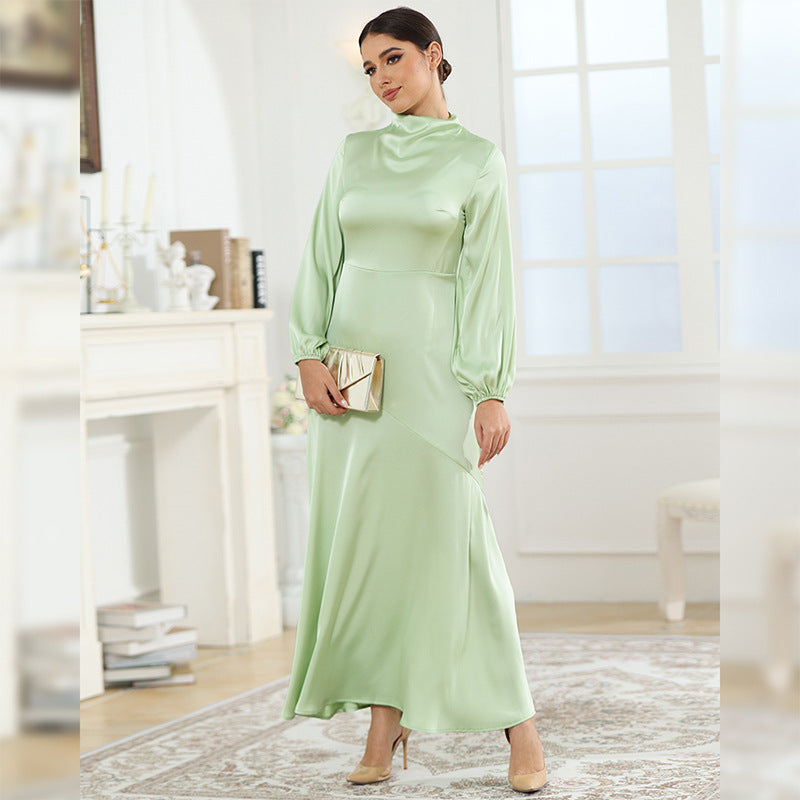 new autumn foreign trade satin conservative long-sleeved loose dress with elegant temperament women's evening dress