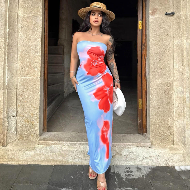 summer new high-end contrasting print tight tube top slit dress