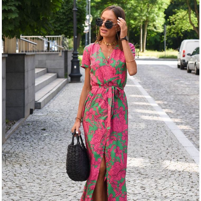 women's summer new v-neck print tie dress