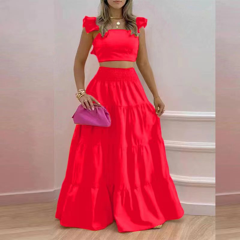 new temperament sexy solid color mid-waist suspenders two-piece suit dress