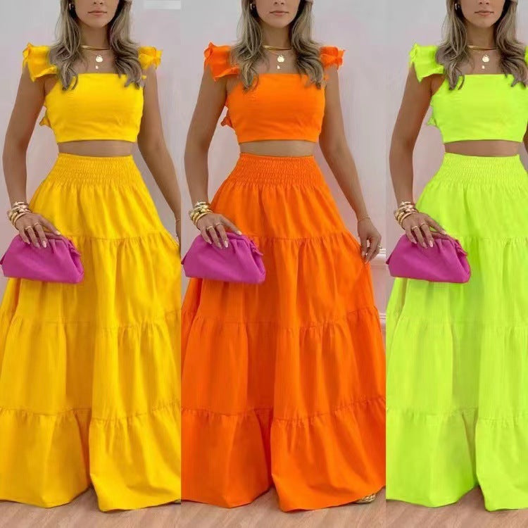 new temperament sexy solid color mid-waist suspenders two-piece suit dress