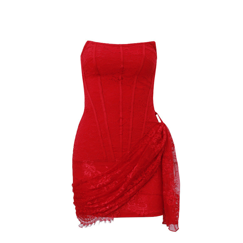 autumn new women's clothing sexy lace mesh one-shoulder tube top slightly transparent slim dress female