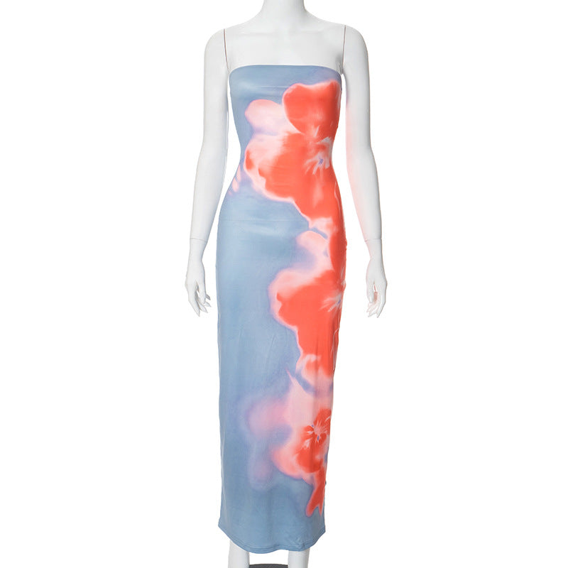 summer new high-end contrasting print tight tube top slit dress