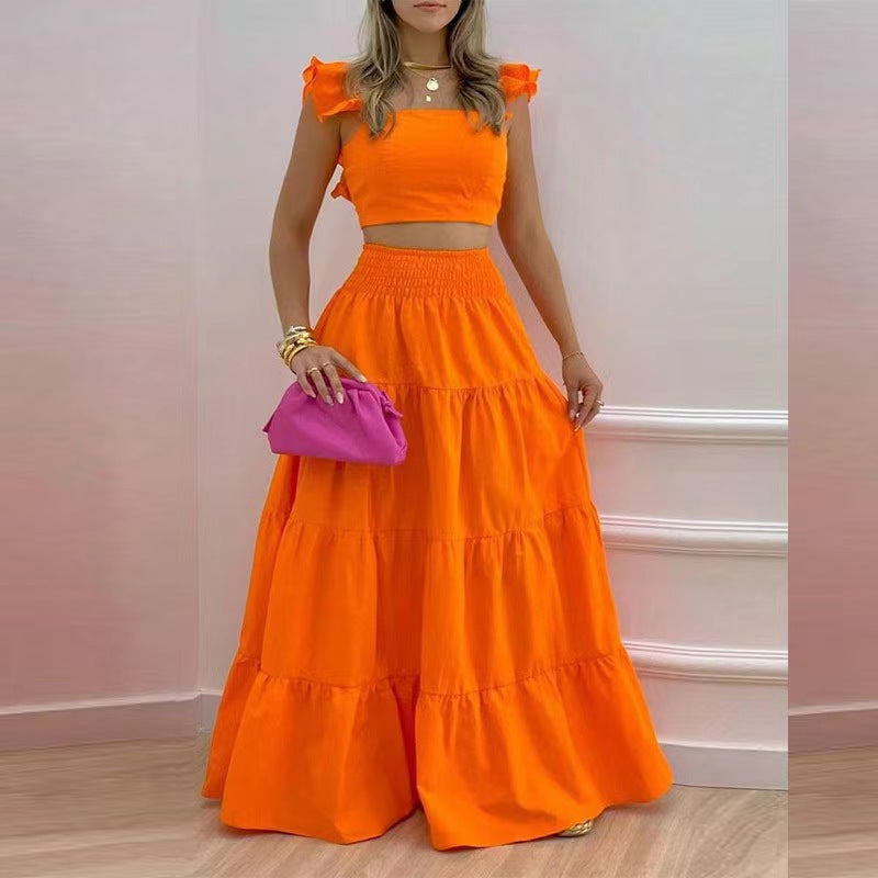 new temperament sexy solid color mid-waist suspenders two-piece suit dress