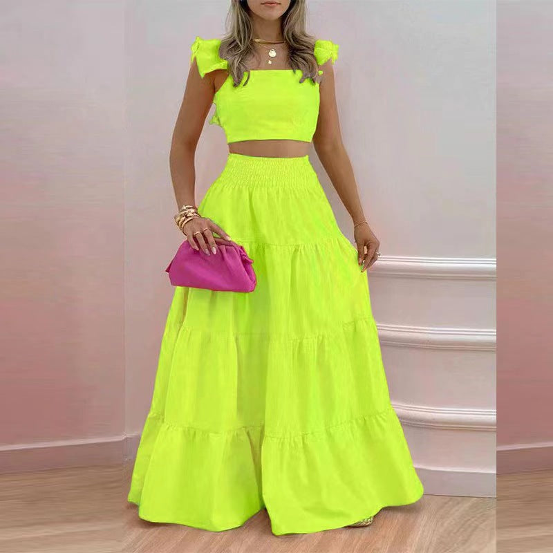 new temperament sexy solid color mid-waist suspenders two-piece suit dress