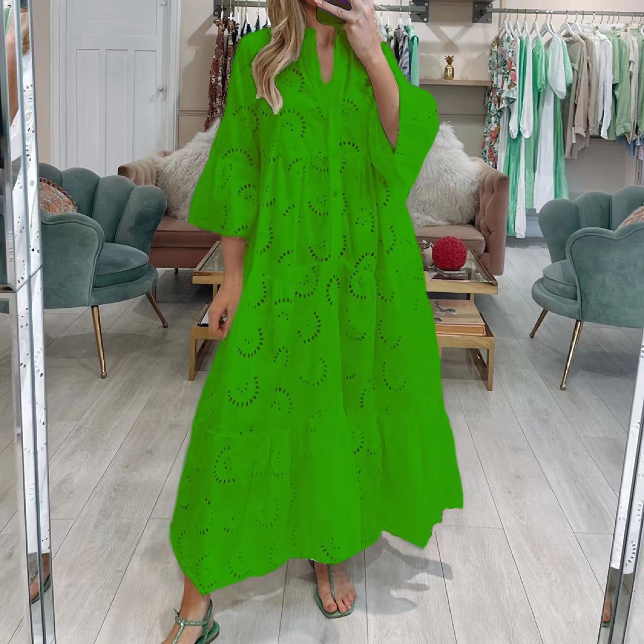 Summer and Autumn French Style V-neck Bell Sleeve Lace Hollow-out Solid Color Sexy Long Dress for Women